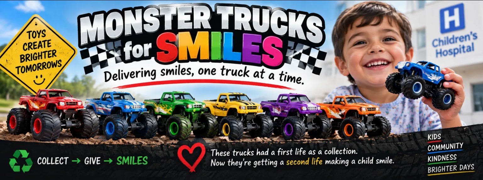 Monster Trucks for Smiles Facebook banner with colorful toy trucks, a smiling child, and brighter tomorrows message