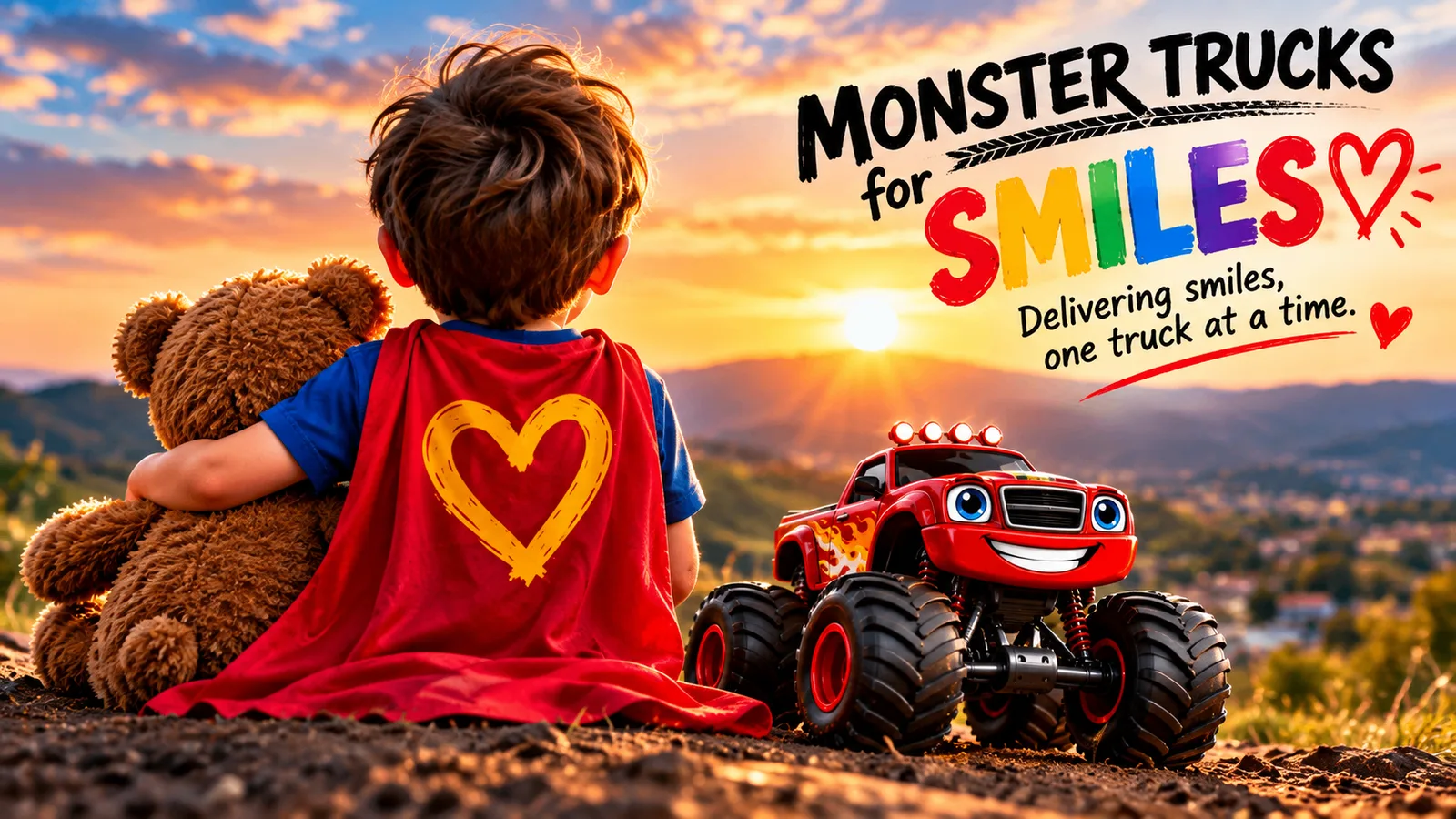Hopeful illustration of a child with a teddy bear beside a smiling red monster truck