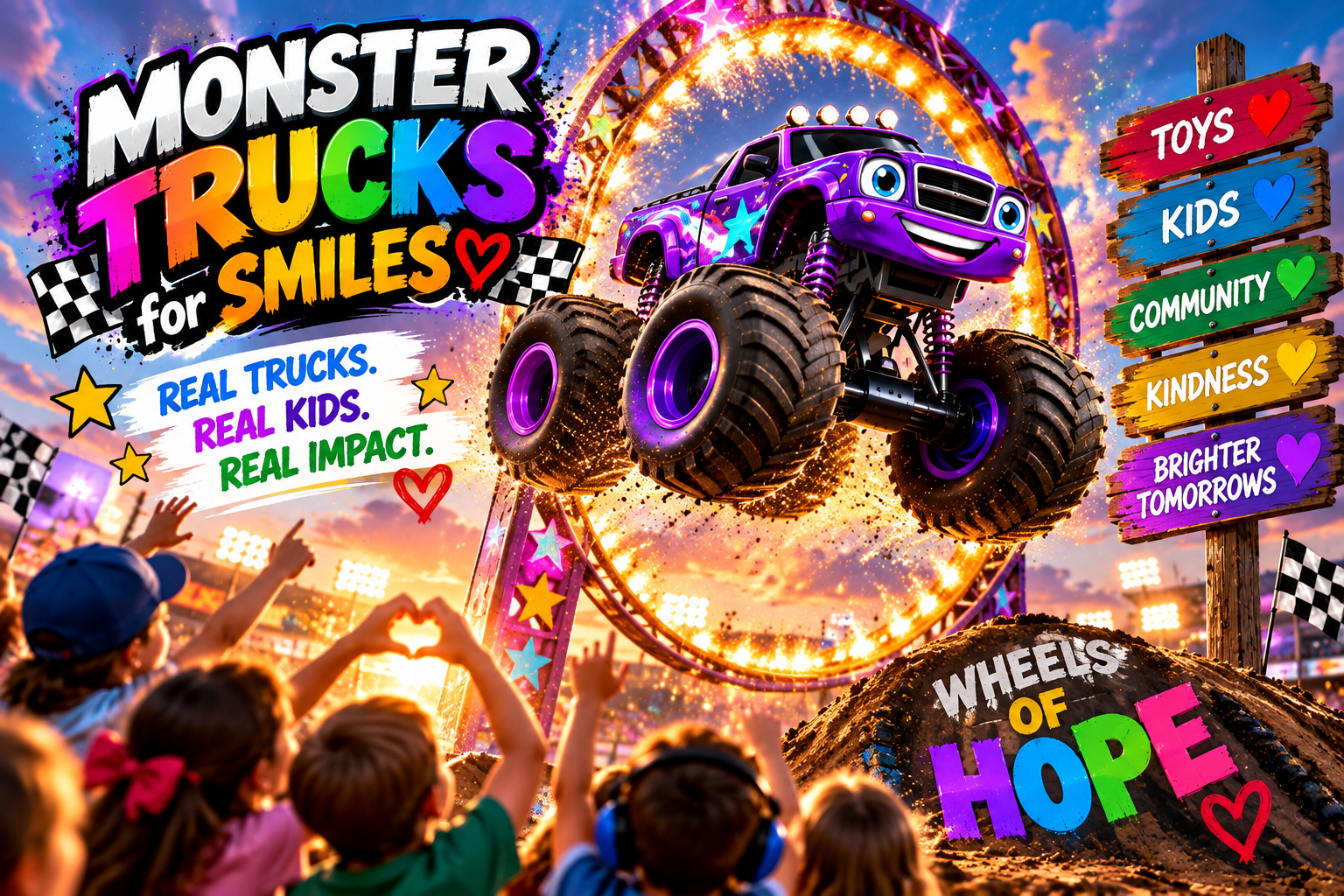 Purple monster truck leaping through a glowing ring